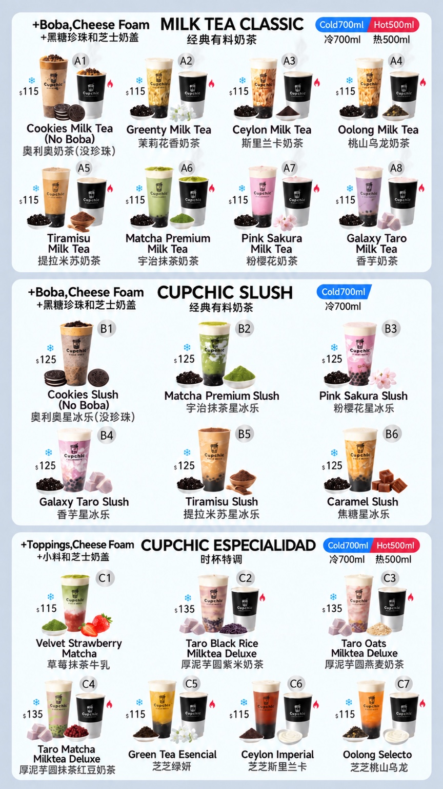 Menú: Milk Tea Classic, Cupchic Slush y especialidades